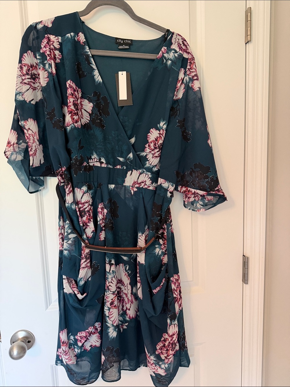 NWT City Chic Teal Floral Faux Wrap Mini Dress - Teal & Pink